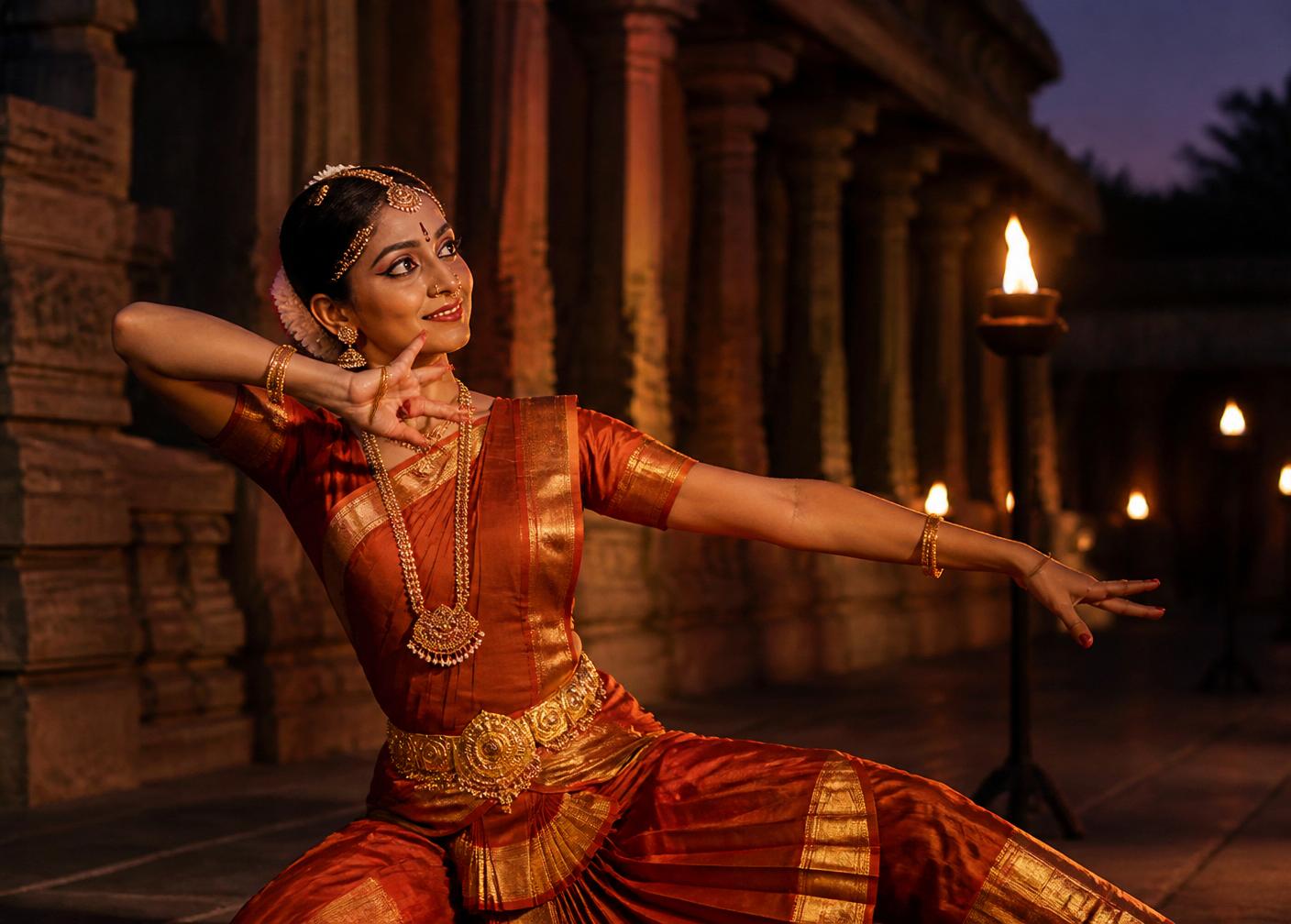 Bharatanatyam dancer in a temple courtyard