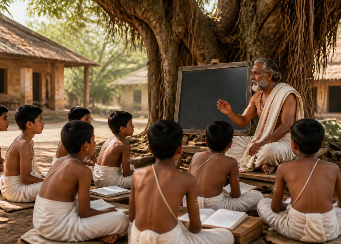 Children learning from a teacher under a banyan tree
