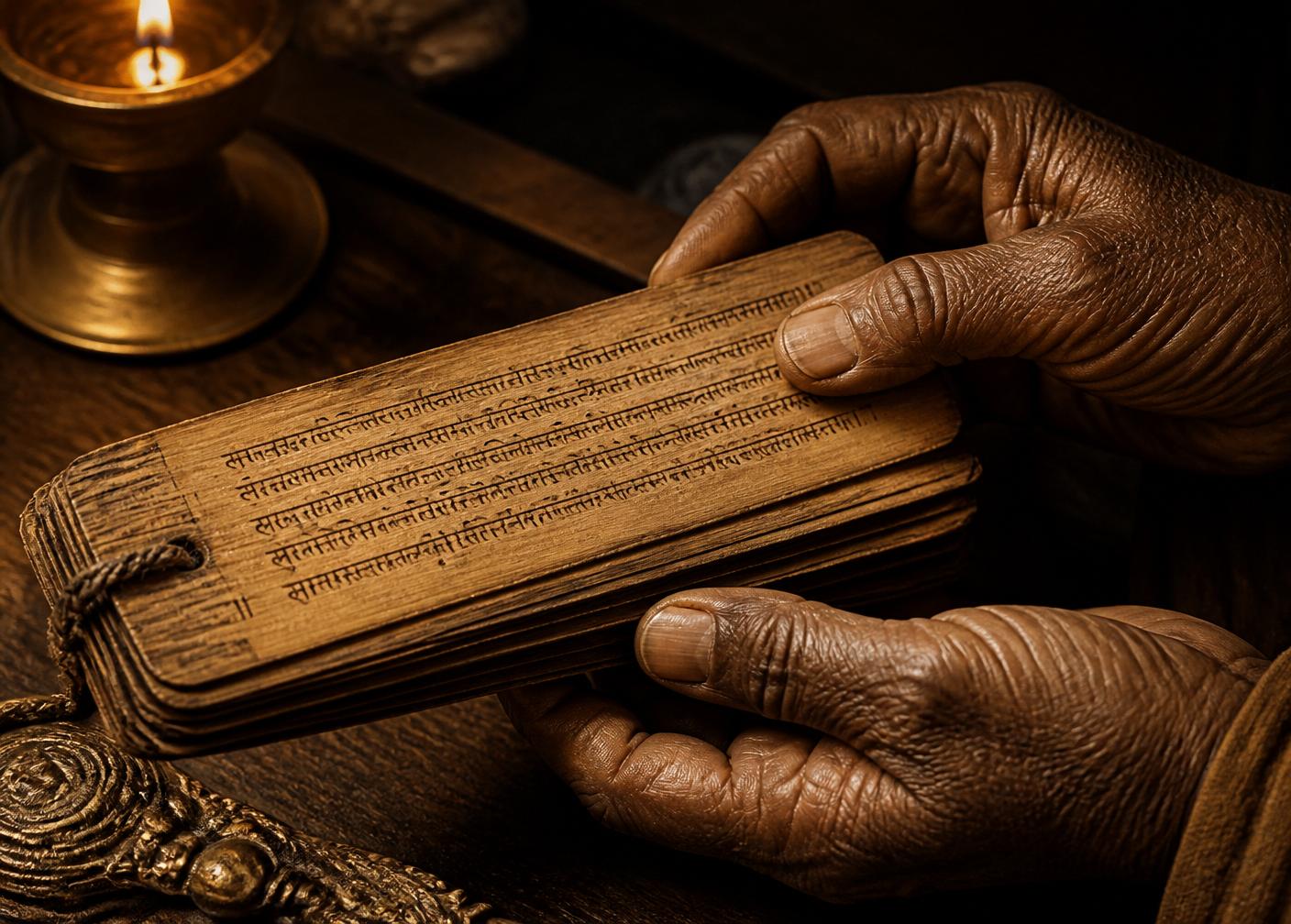 Ancient palm-leaf manuscript with Sanskrit script