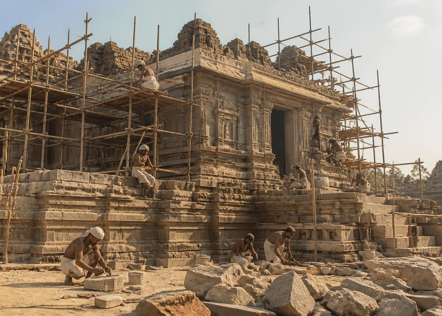 Traditional masons restoring an ancient stone temple