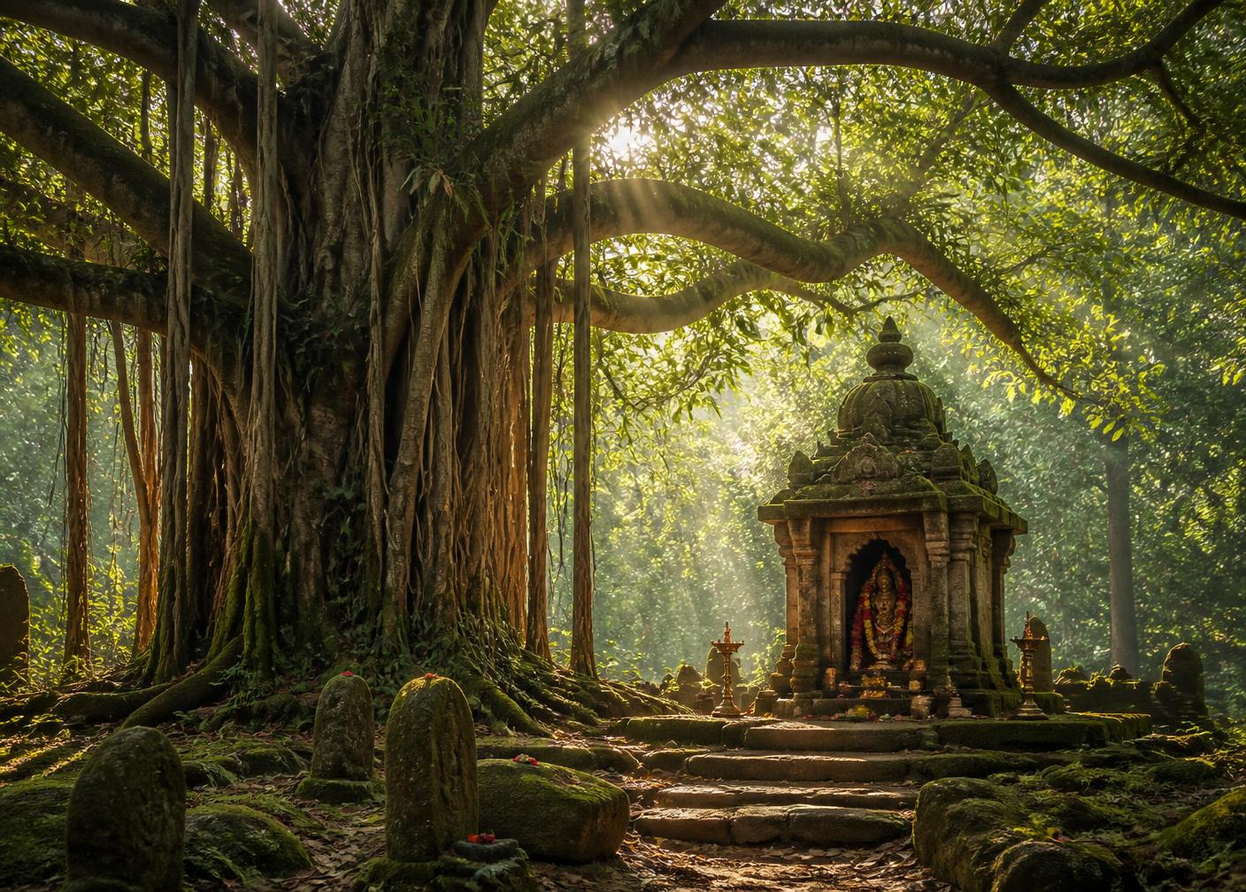 Sacred grove with an ancient banyan and a small stone shrine