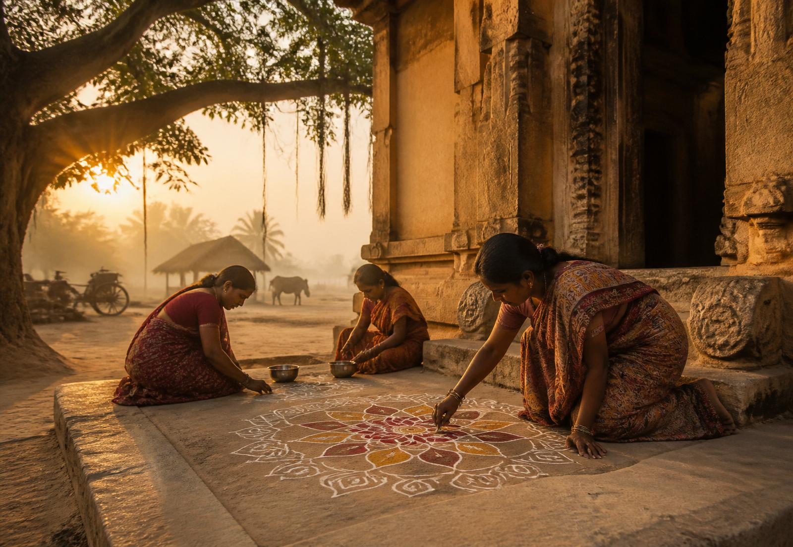 Women drawing rangoli at a village temple threshold at dawn